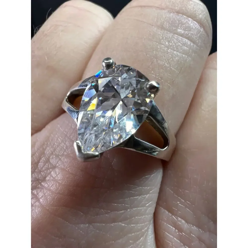 Vintage CZ Pear Solitaire in Sterling Silver, Open Gallery Split Shank, Size 9